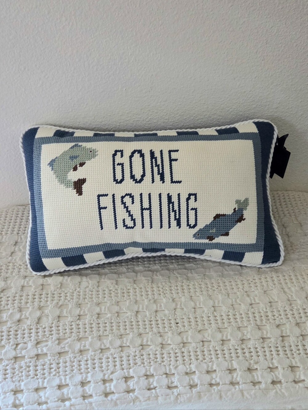 Michael Strahan Gone Fishing Needlepoint Stitch Decorative Throw PIllow
